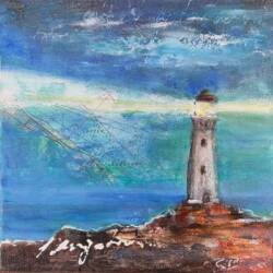 Small navigation issue_lighthouse, mixed media og olie, 20x20 cm